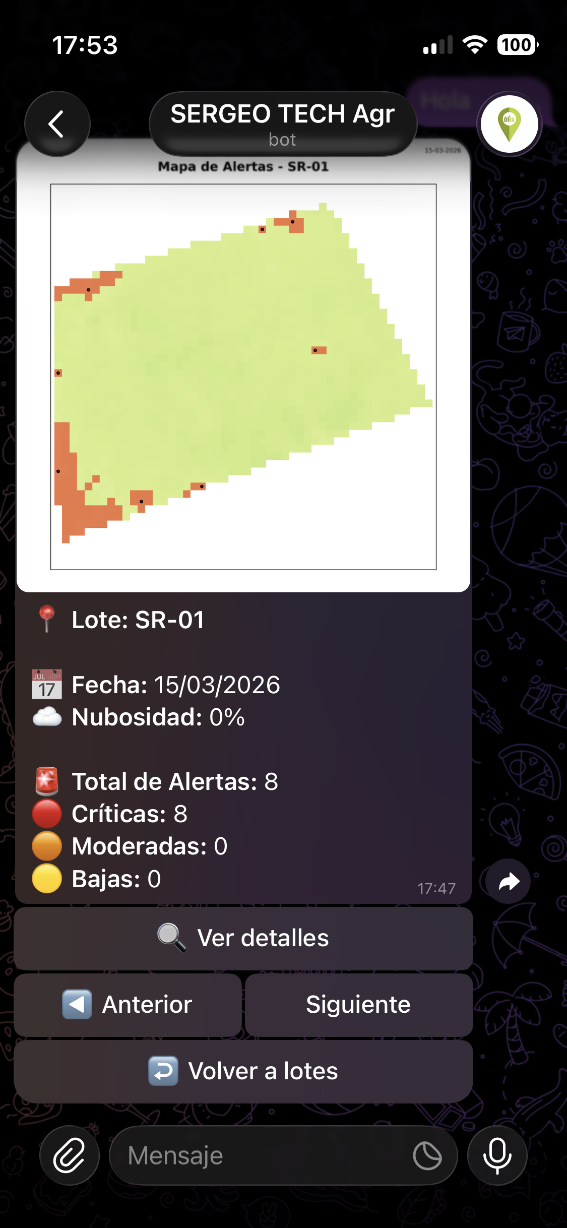 Mapa de alertas del lote SR-01